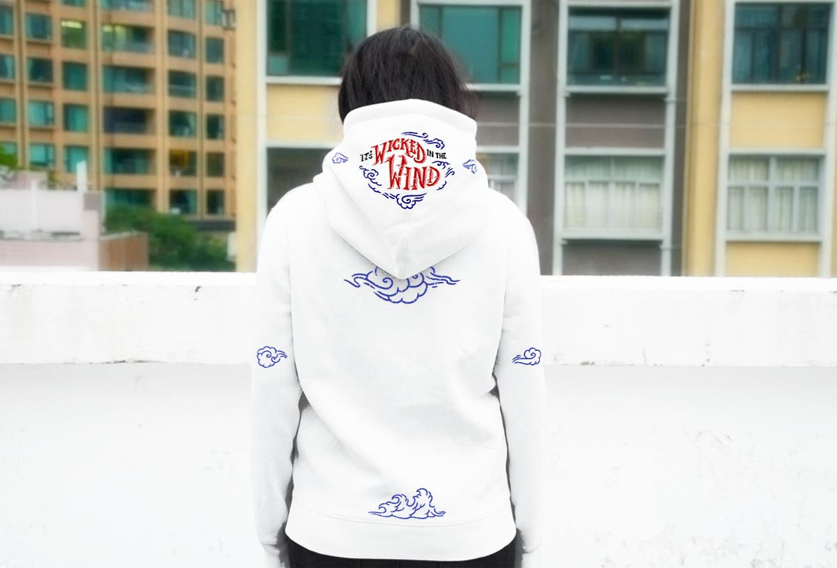 <Ab 001>Fungolia fleece Hoodie - Wicked in the Wind (Red/blue on White)