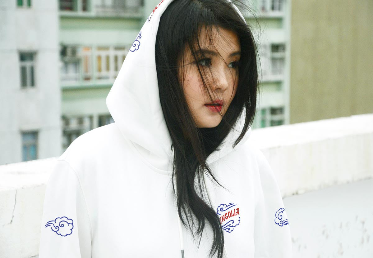 <Ab 001>Fungolia fleece Hoodie - Wicked in the Wind (Red/blue on White)