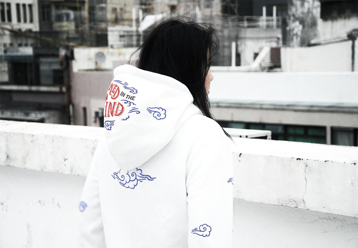 <Ab 001>Fungolia fleece Hoodie - Wicked in the Wind (Red/blue on White)