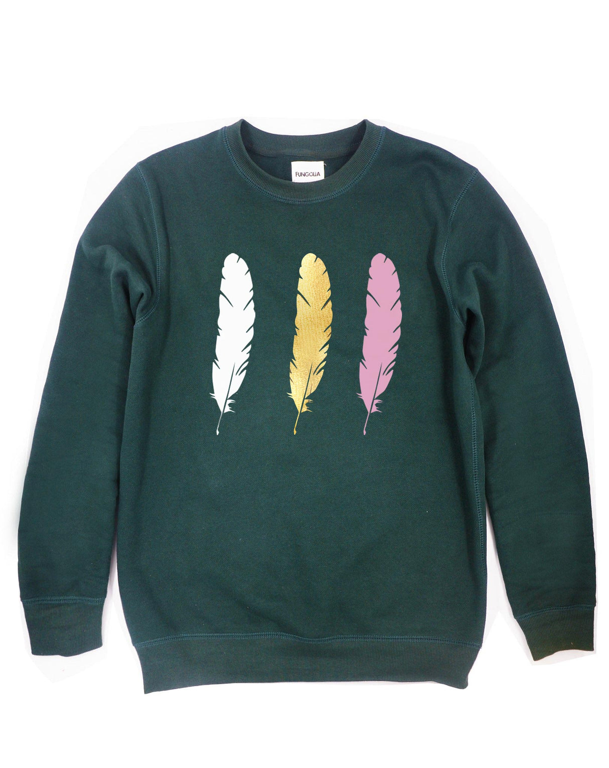 <A 001a93> Fungolia Fleece Crew neck Sweatshirt - WBF large feather (Forest Green)