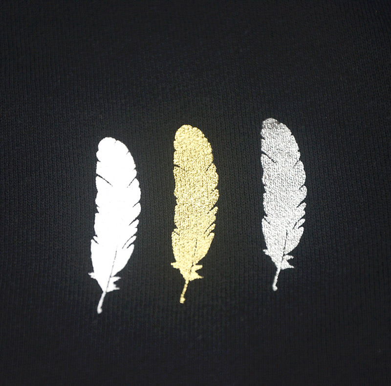 <A 000a109m>Fungolia Fleece Crew Neck Sweatshirt - Small feathers (Black with mixed sleeves)