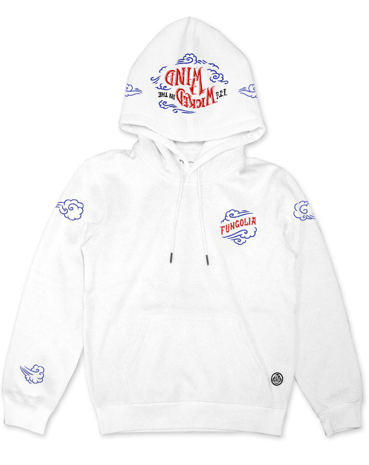 <Ab 001>Fungolia fleece Hoodie - Wicked in the Wind (Red/blue on White)