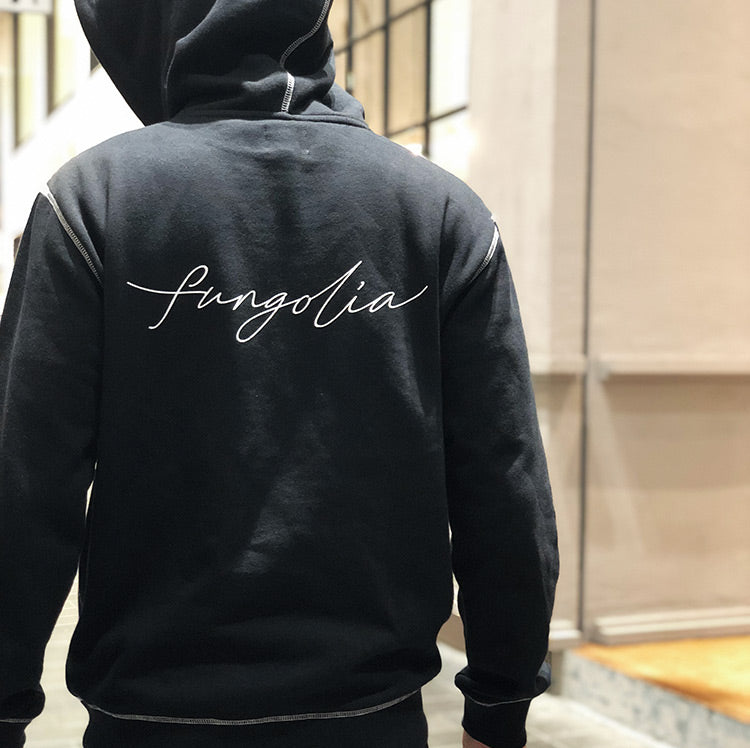 <A 000a001y6d>Fungolia Big Hood Fleece Hoodie - Go With My Flow (Black with White Stitch)