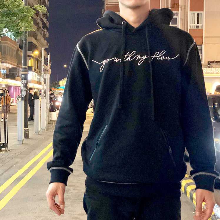 <A 000a001y6d>Fungolia Big Hood Fleece Hoodie - Go With My Flow (Black with White Stitch)