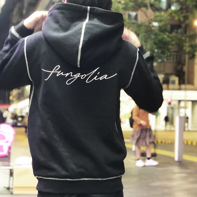 <A 000a001y6d>Fungolia Big Hood Fleece Hoodie - Go With My Flow (Black with White Stitch)