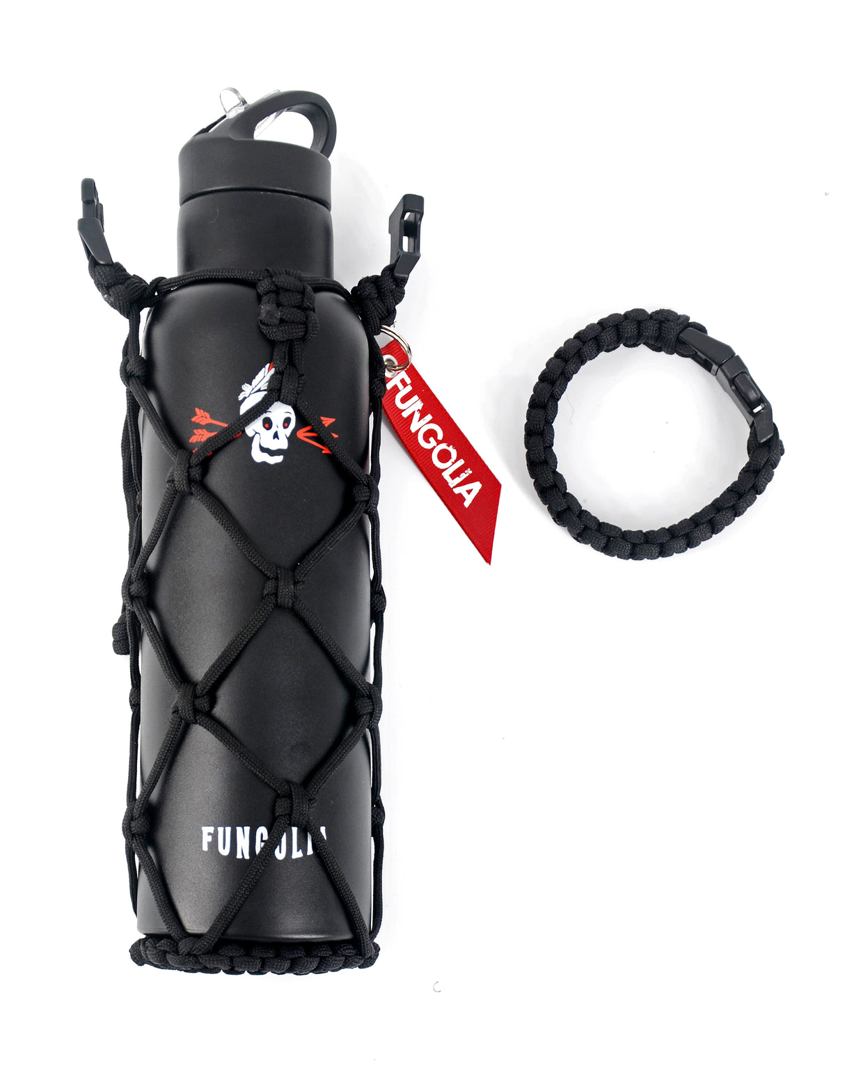 <zzA 000a001y5r1> Fungolia 21 oz double wall insulated stainless steel water bottle with paracord holder (Black)
