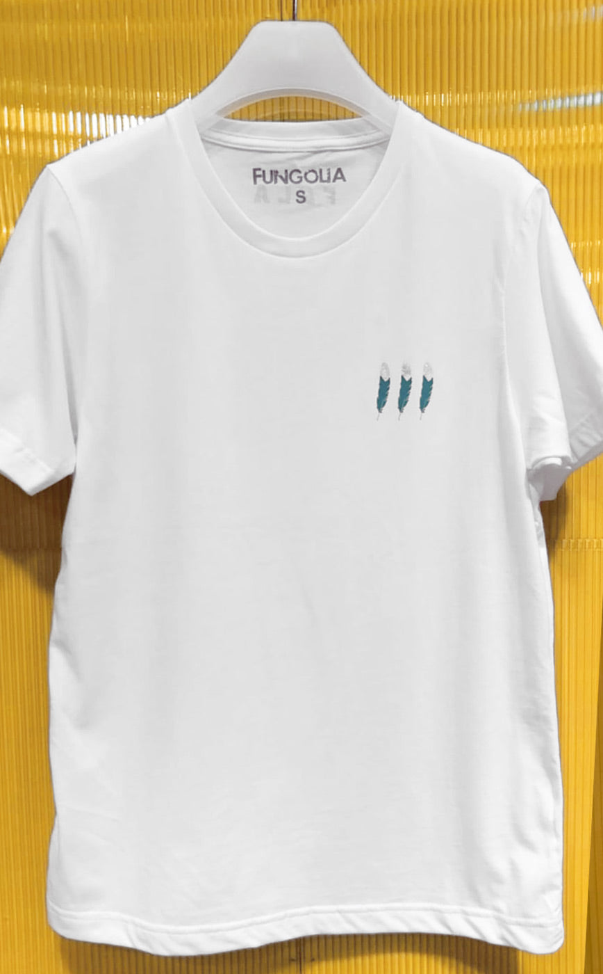 <A 000a003ac> Small Teal/Silver Feathers Tee (White)