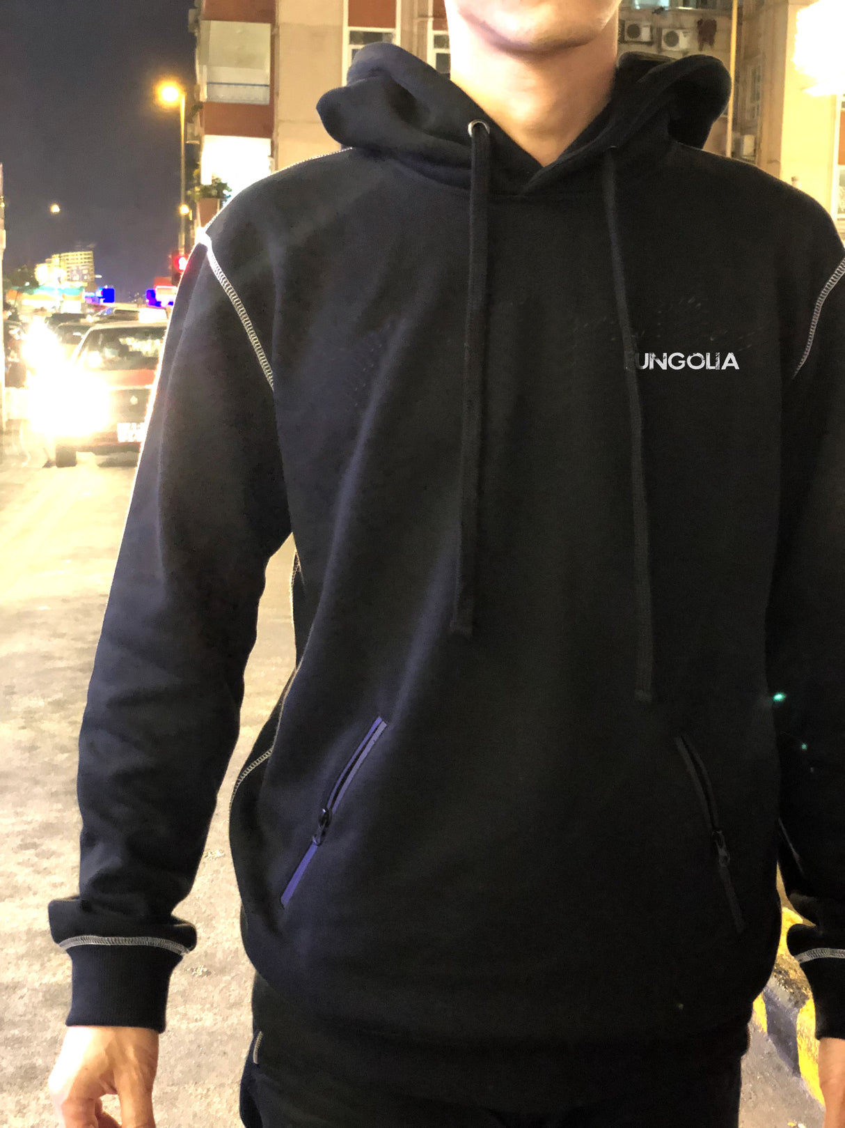 <A 000a001y6c1d>Fungolia Big Hood Fleece Hoodie - Logo (Black with White Stitch)