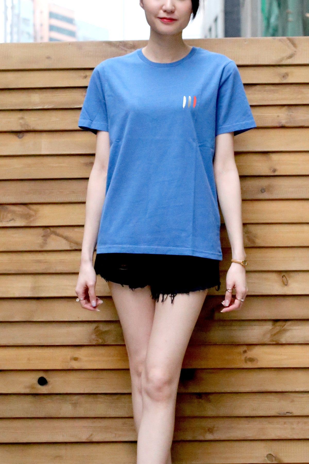 <Aa 005>Fungolia Garment Dyed Tee (Blue) - Feathers print