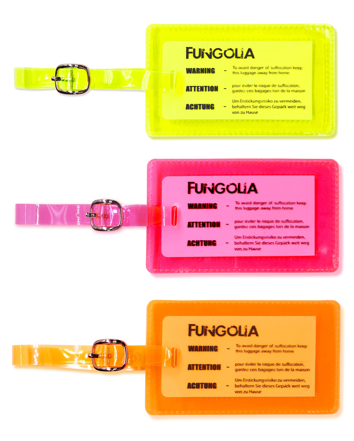 <A 000a001a99b1>  Fungolia Premium PVC Neon Luggage Tag - Warning Message